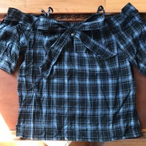 Boat Neck Tie Front Plaid Blouse